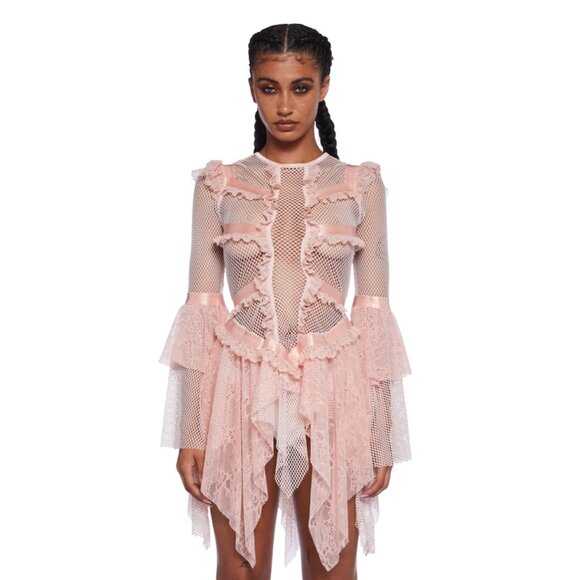 NWT Club Exx Pastel Pink Fishnet Ruffled Lace Bell Sleeve Fairycore Mini Dress - Picture 1 of 10